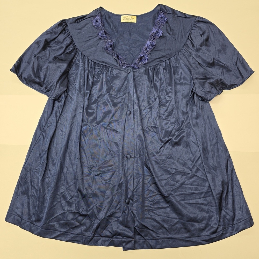 Vintage Vanity Fair Navy Blue Lace Trim Button Front Pajama Top Large